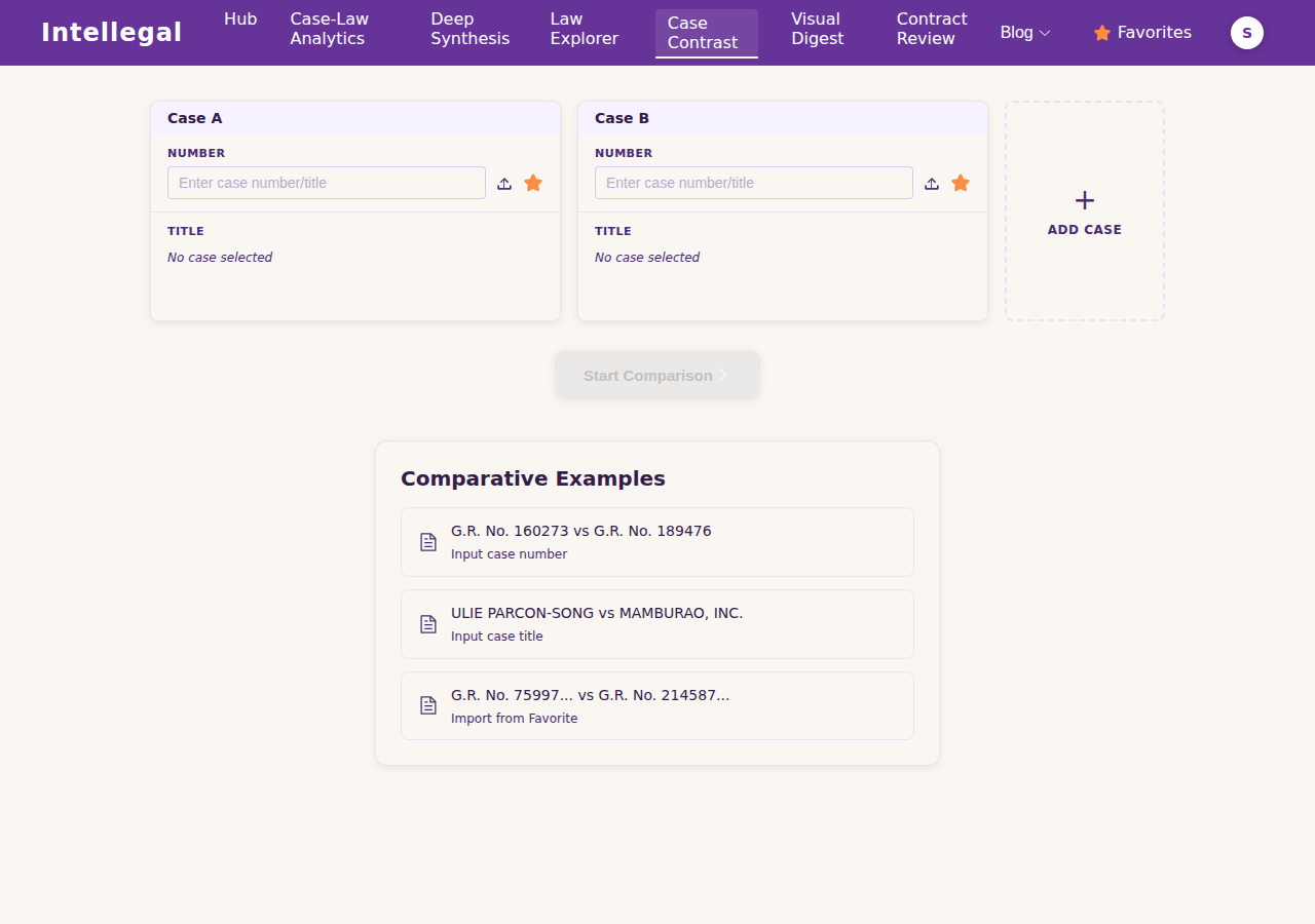 Case Contrast landing — Case A and Case B inputs, an Add Case card, and Comparative Examples