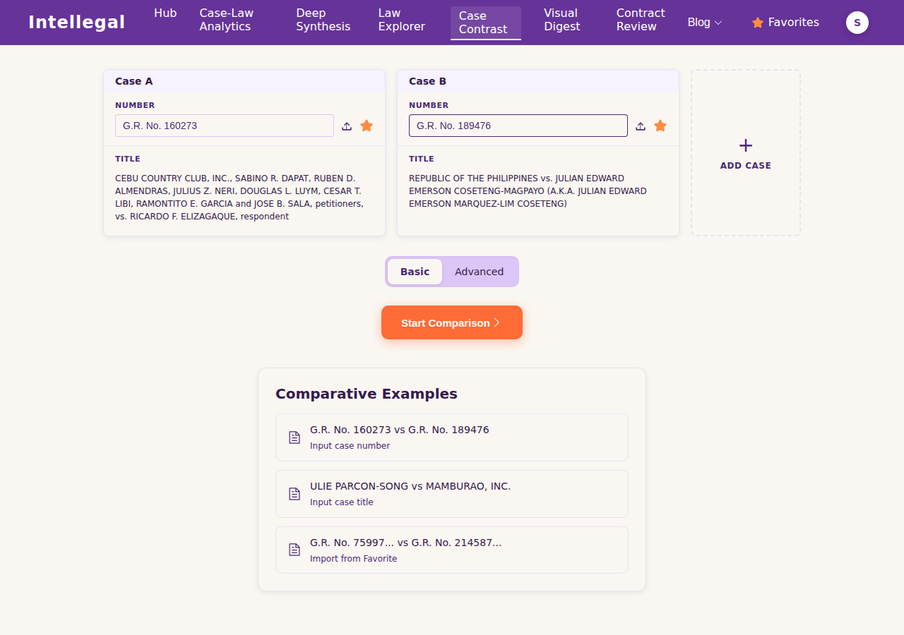 Both cases selected, with a Basic / Advanced toggle next to the Start Comparison button