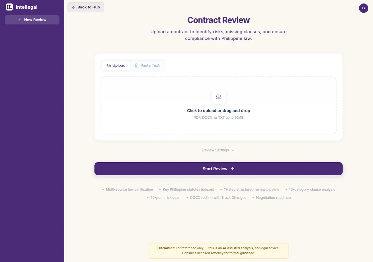 Contract Review upload screen — drop zone for PDF, DOCX, or TXT up to 20MB, with a sidebar listing the 11-step pipeline
