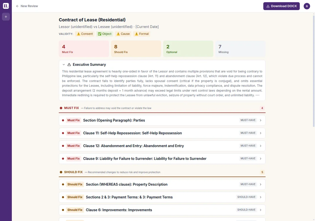 The finished report: validity badges, counts of 4 Must Fix, 8 Should Fix, 2 Optional, 7 Missing, an executive summary, and the Must Fix findings list