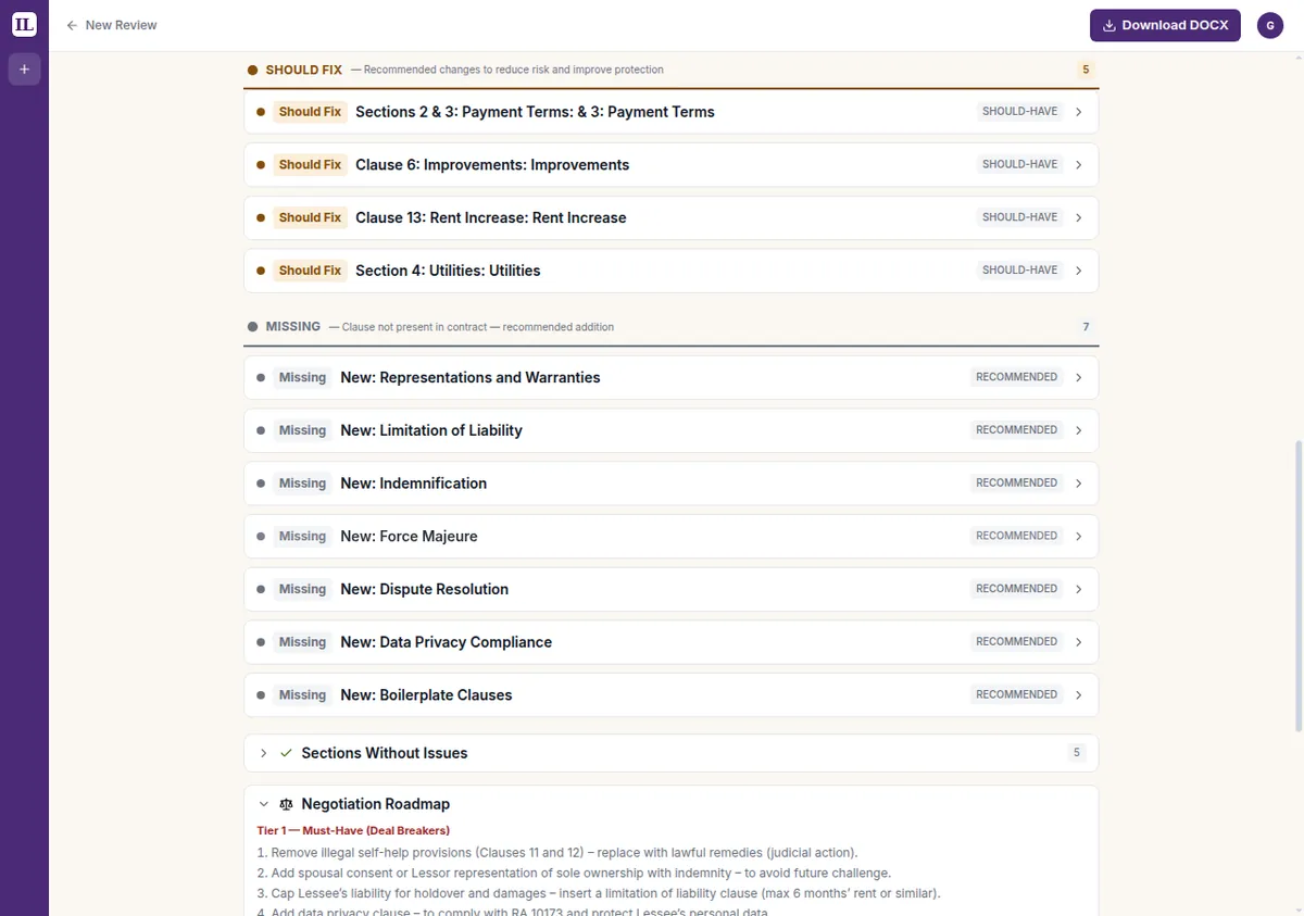 The Missing-clause list and the Negotiation Roadmap with Tier 1 Must-Have deal-breaker items