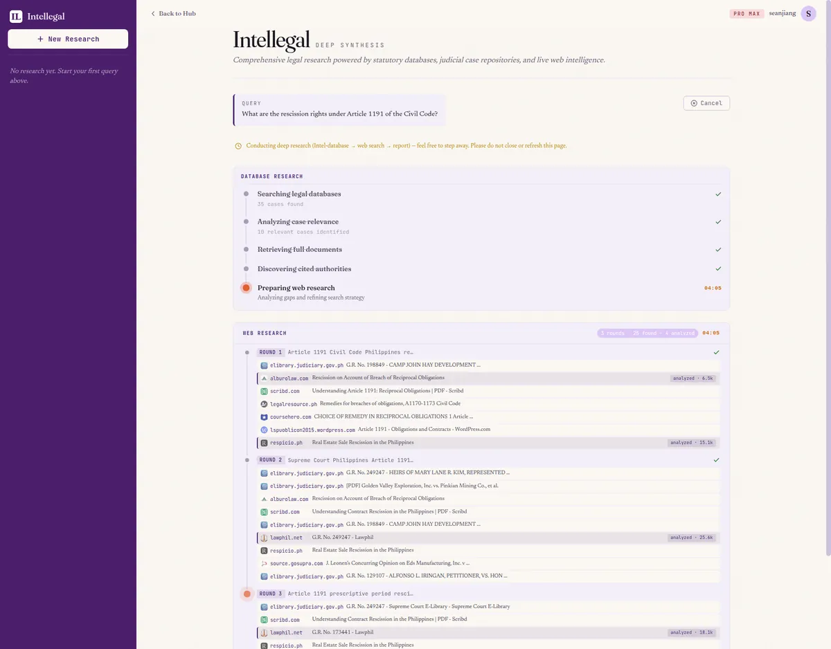 Web research stage showing rounds and the authoritative sources opened