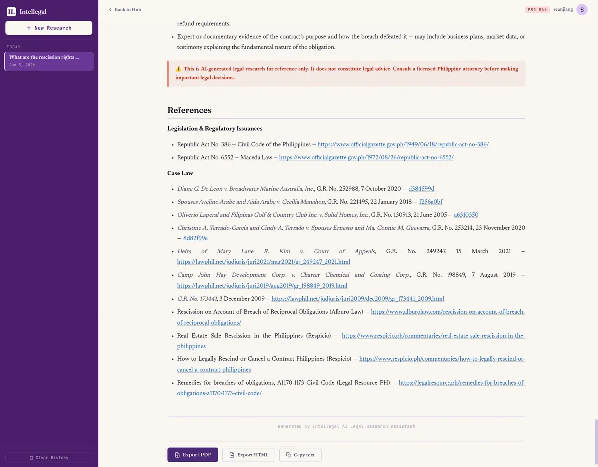 References section with traceable source links and Export PDF, Export HTML, Copy text buttons