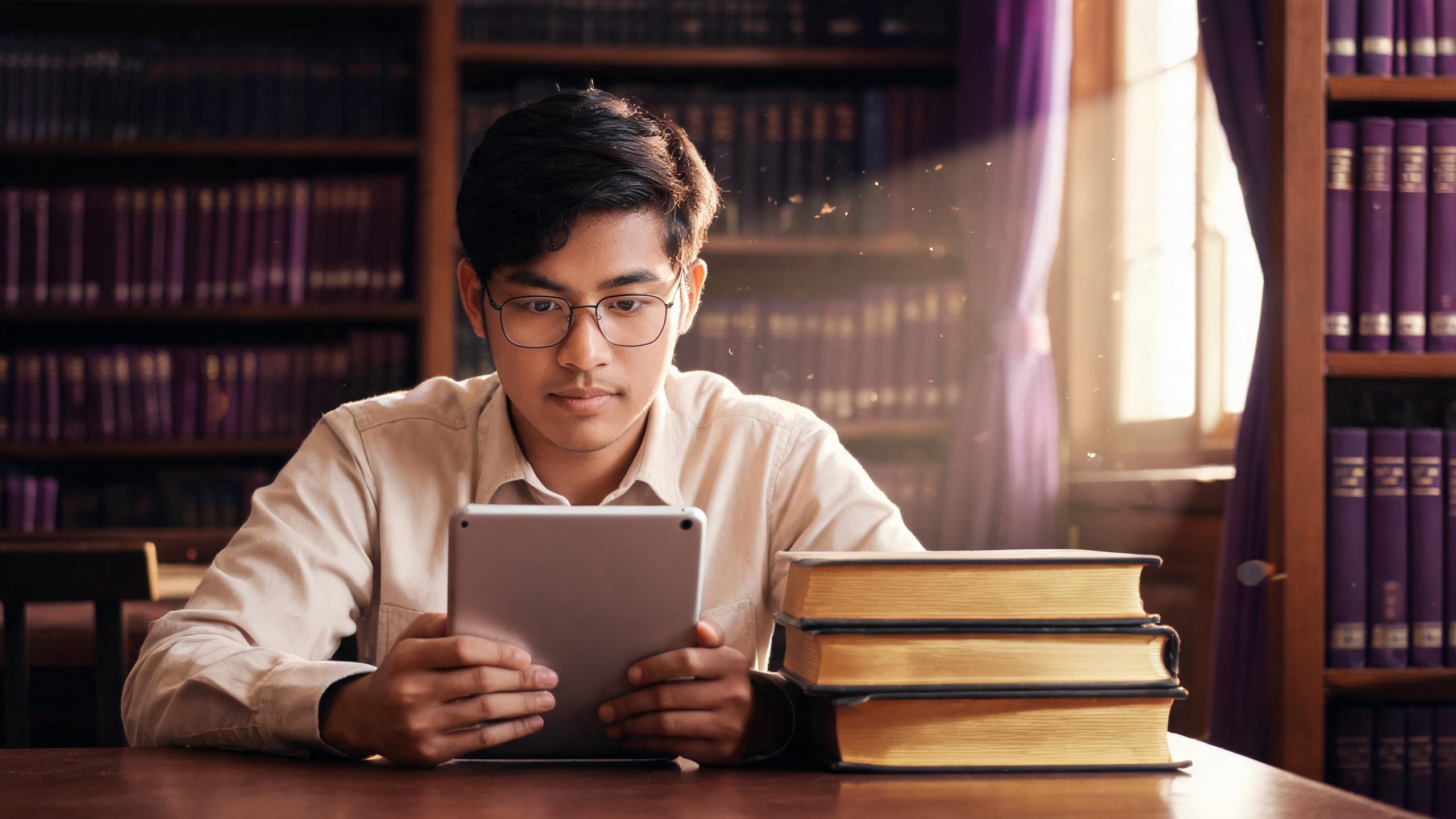 A young Filipino law student studying with a tablet (illustration).