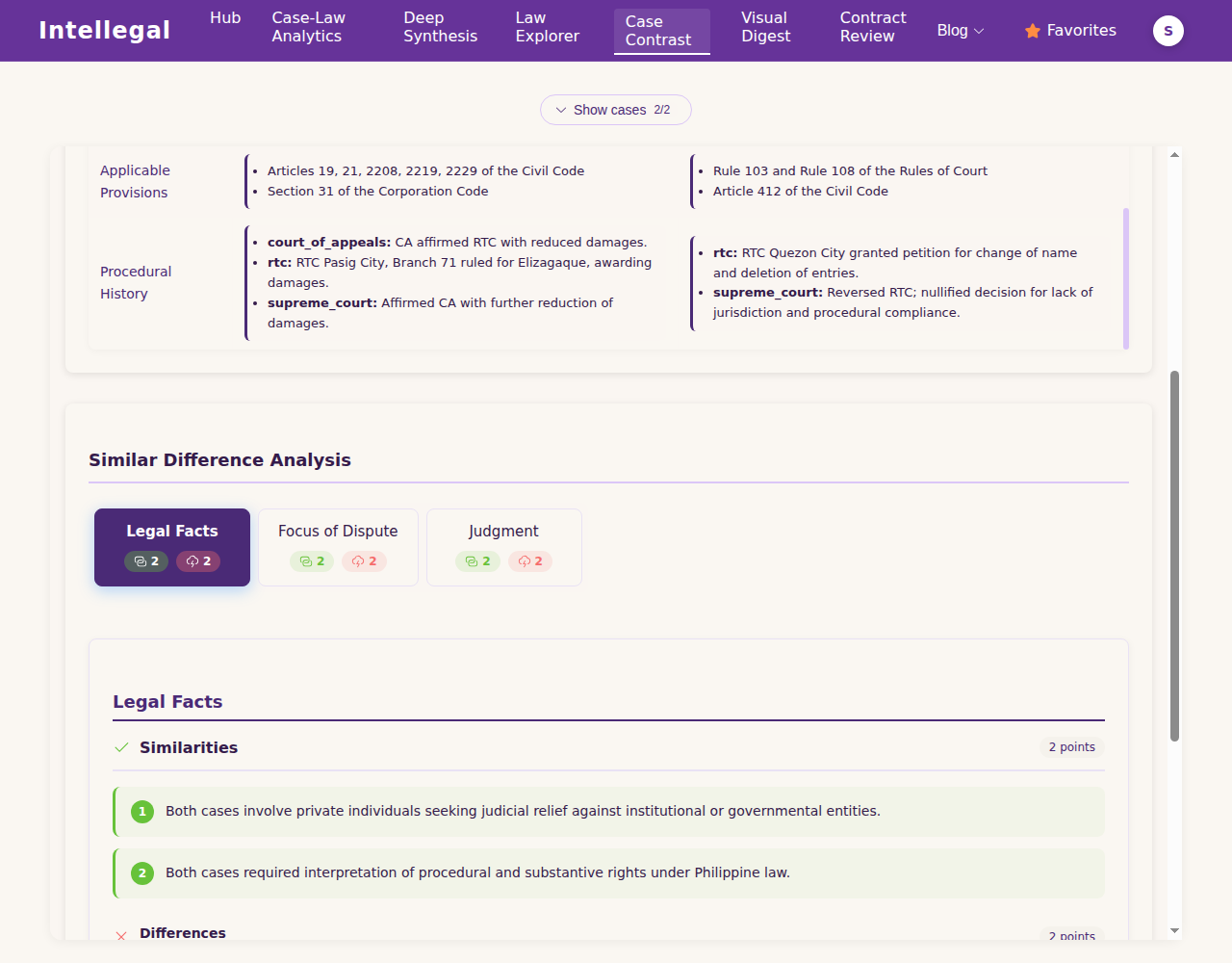 Advanced-only rows: Applicable Provisions and Procedural History for both cases, side by side