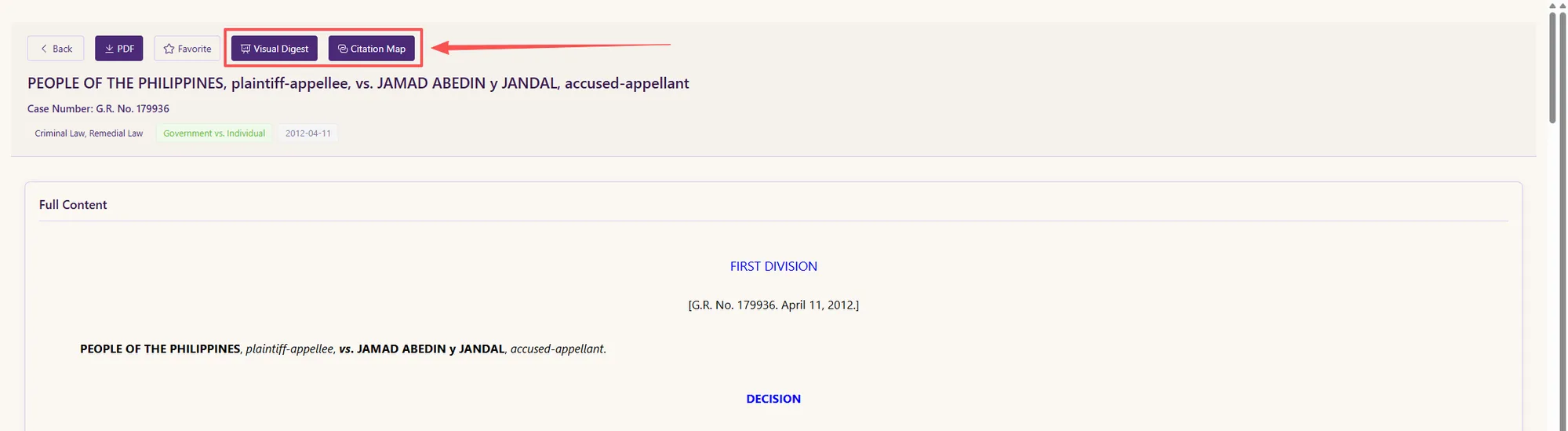 An Intellegal case page for a Philippine Supreme Court decision with one-click Visual Digest and Citation Map buttons above the full text