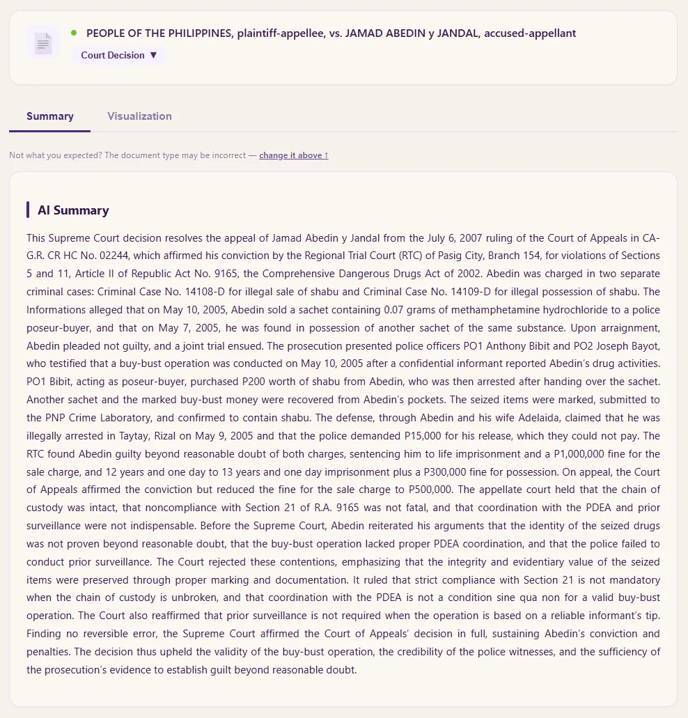 Visual Digest AI Summary — a plain-language narrative of the decision under the Summary tab, with an editable document-type label above it