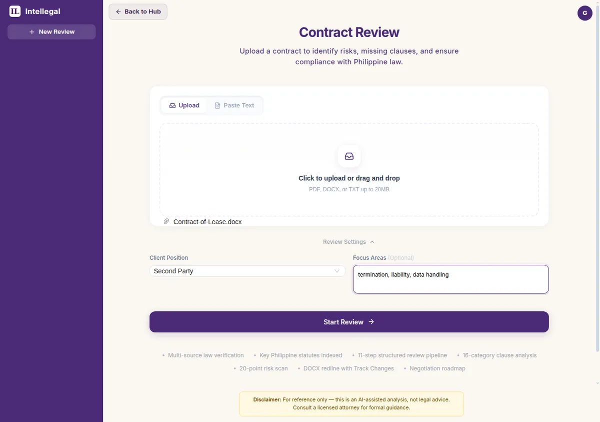 The contract uploaded, with Review Settings showing Client Position set to Second Party and Focus Areas filled in