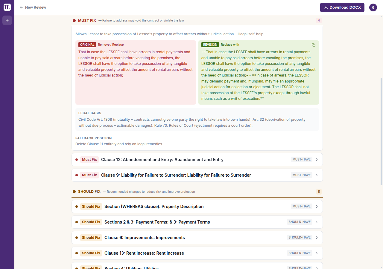 Intellegal Contract Review redline detail showing tracked changes, each finding tied to its legal basis.