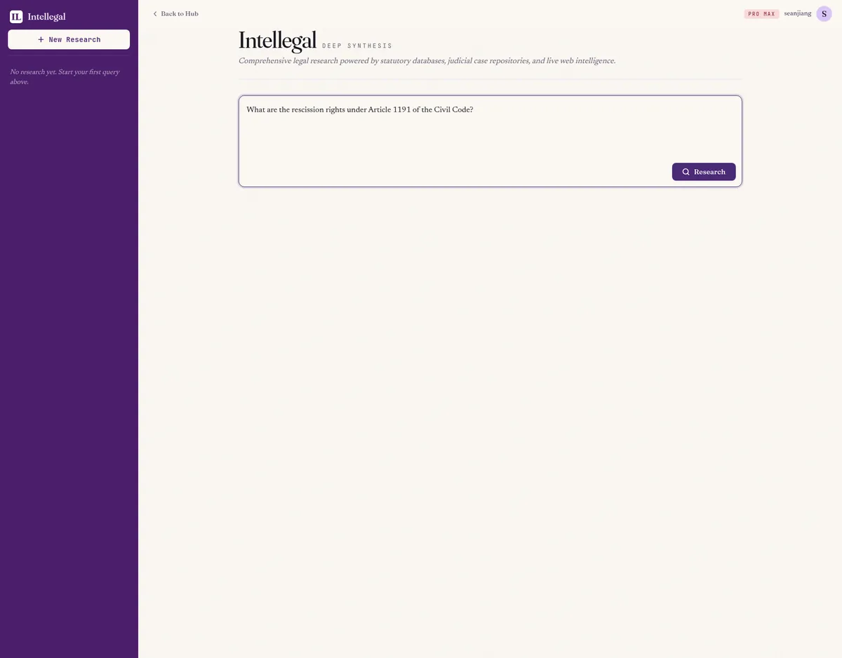 Deep Synthesis input box with a legal question typed in and the Research button active