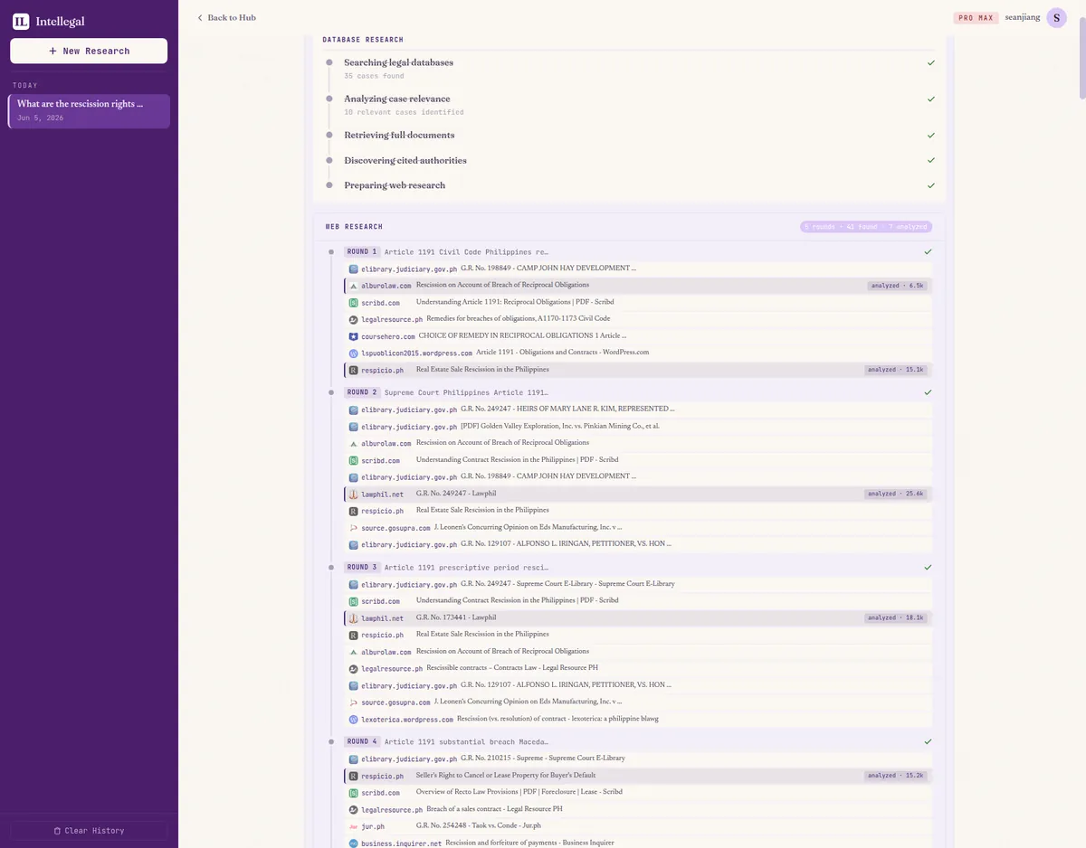 The expanded research process after completion, every database and web-research step shown