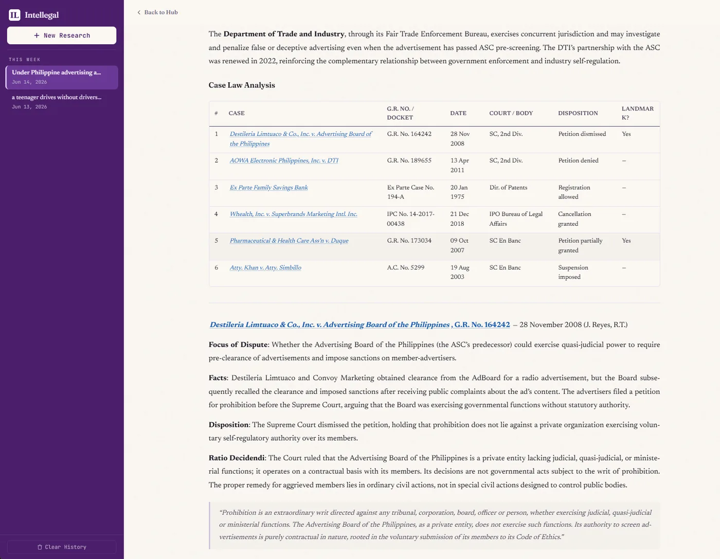 Intellegal Deep Synthesis report showing a case-law analysis with case names in blue that link back to their original source.