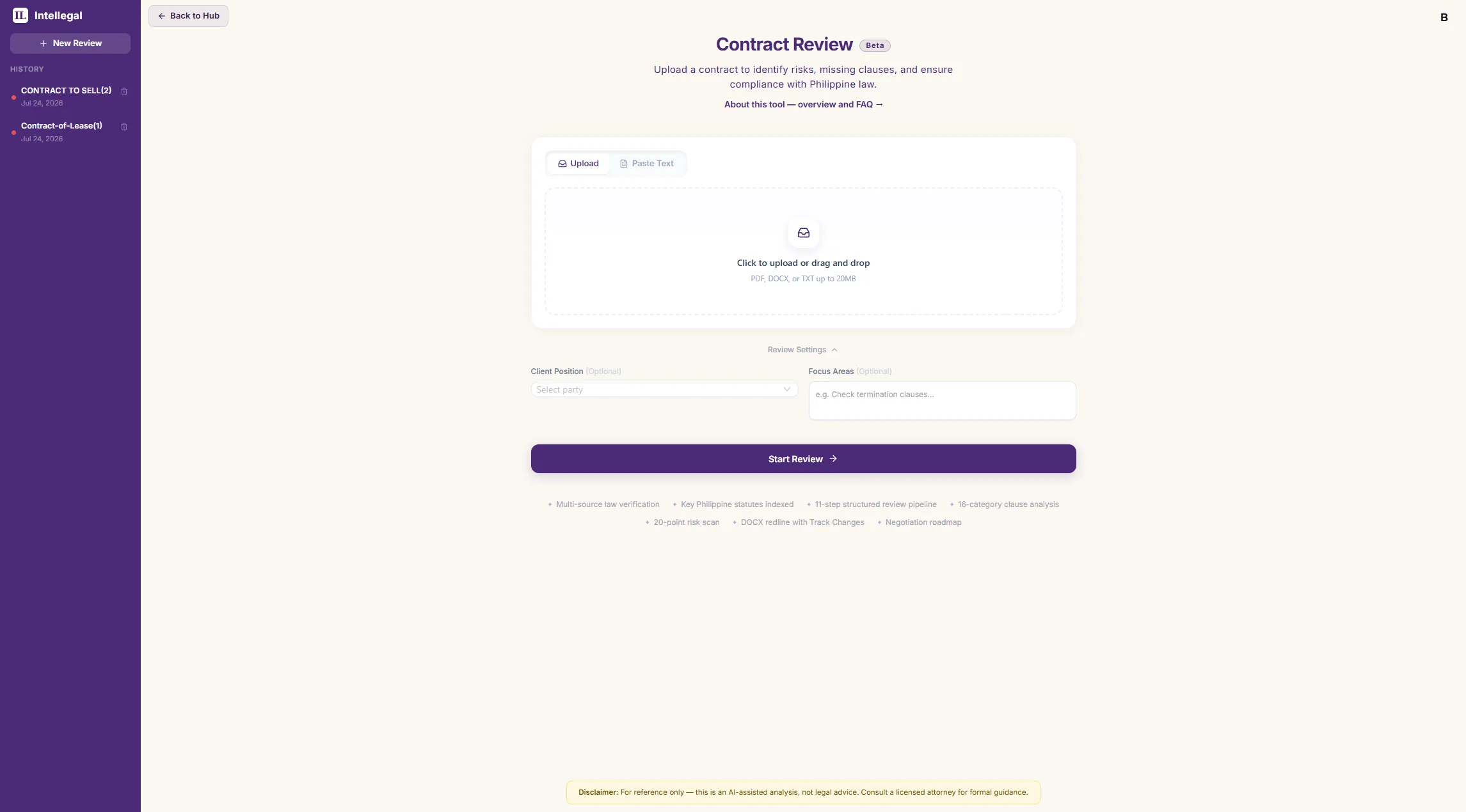 Contract Review with its review history in the left panel — every review is saved and reopenable