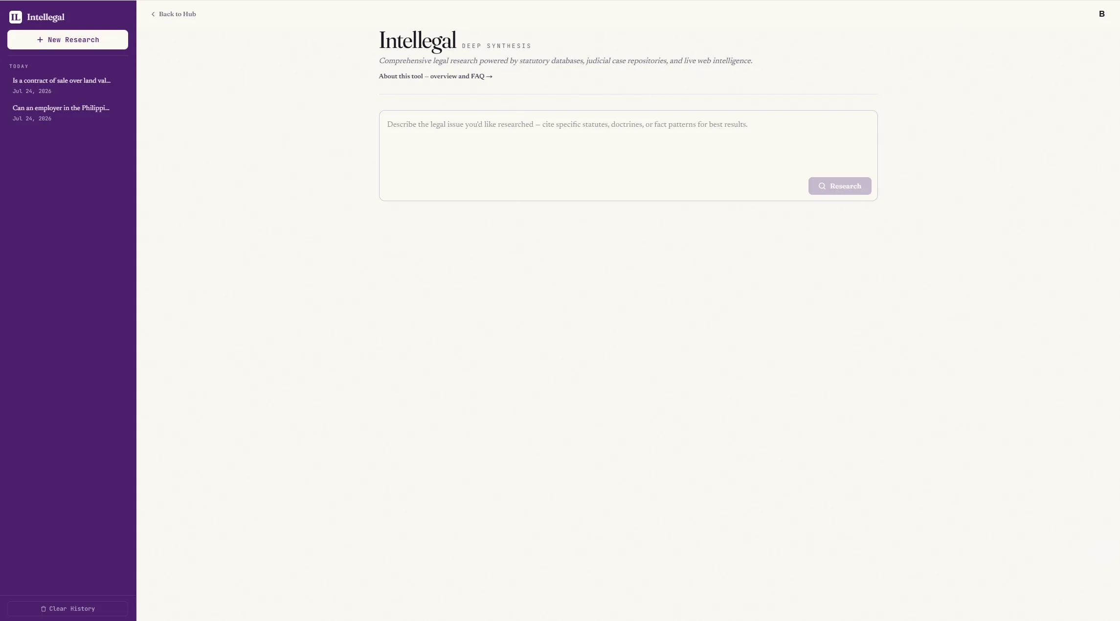 Deep Synthesis with its research history in the left panel — past reports reopen in one click