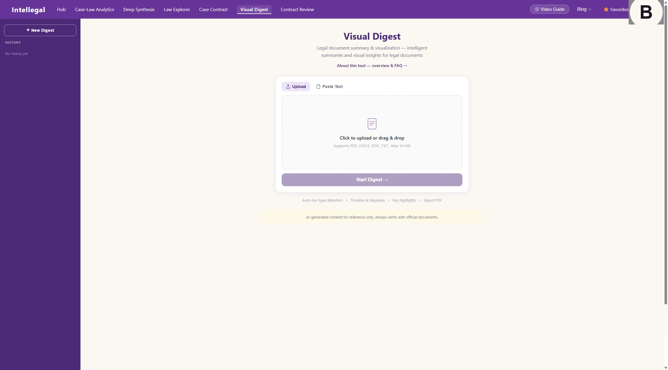 Intellegal's Visual Digest with the history panel and New Digest button in the left sidebar — every digest you generate is saved there