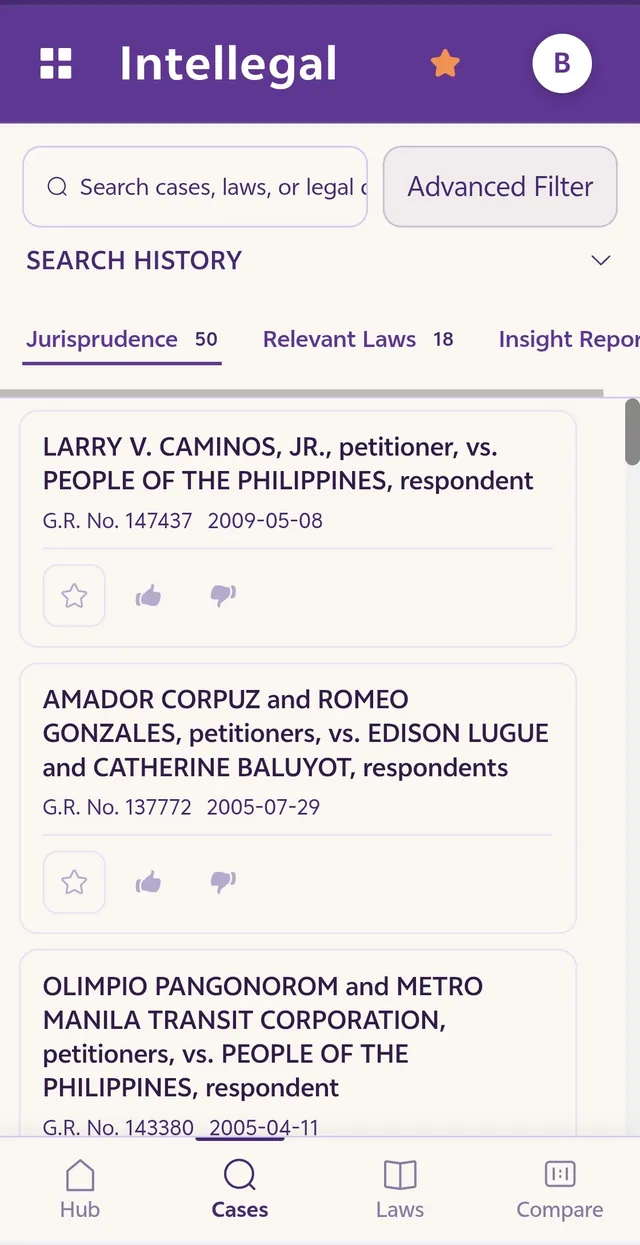 Case-Law Analytics results on a phone — readable case cards with G.R. numbers and dates, and a bottom navigation bar for Hub, Cases, Laws, and Compare