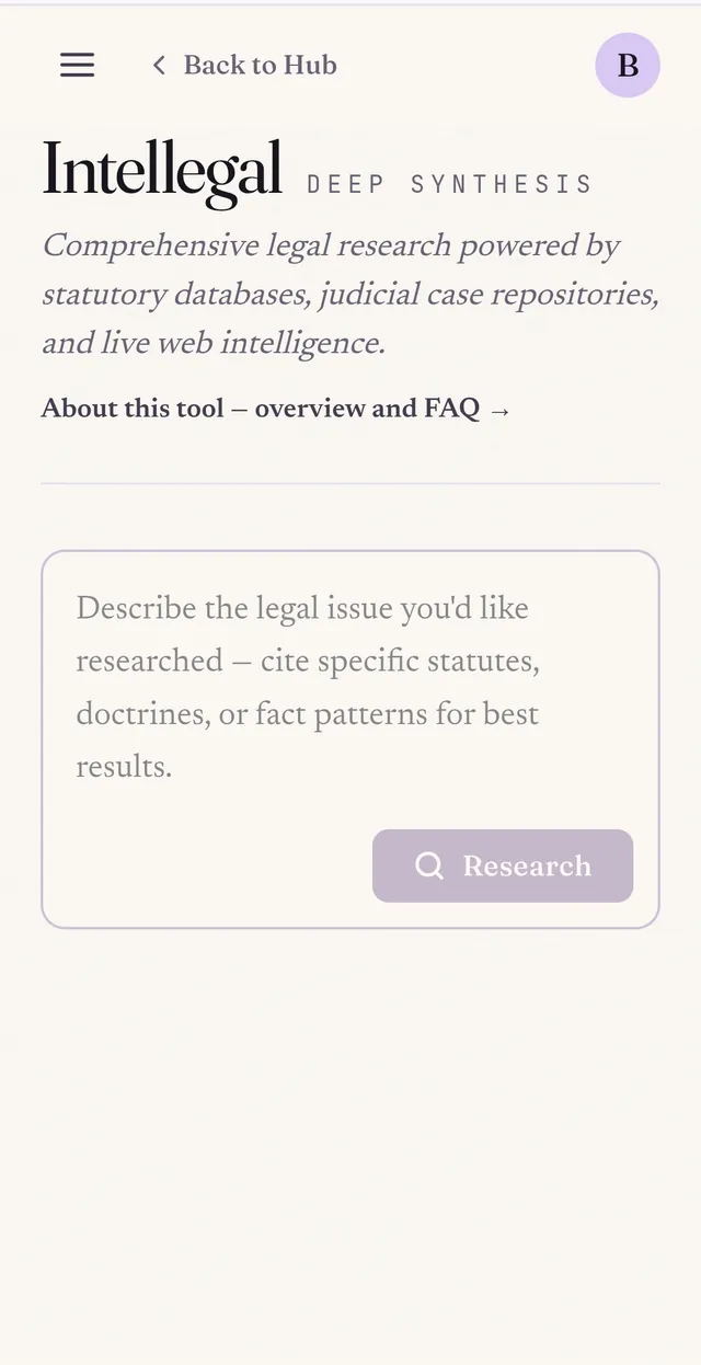 Deep Synthesis on a phone — a single-column research prompt with a thumb-sized Research button
