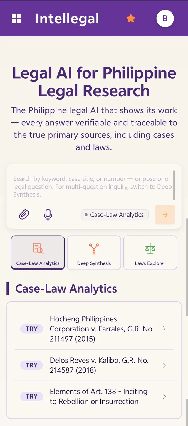 Intellegal hub on a phone — Legal AI for Philippine Legal Research, with the search box and the Case-Law Analytics, Deep Synthesis, and Laws Explorer tools