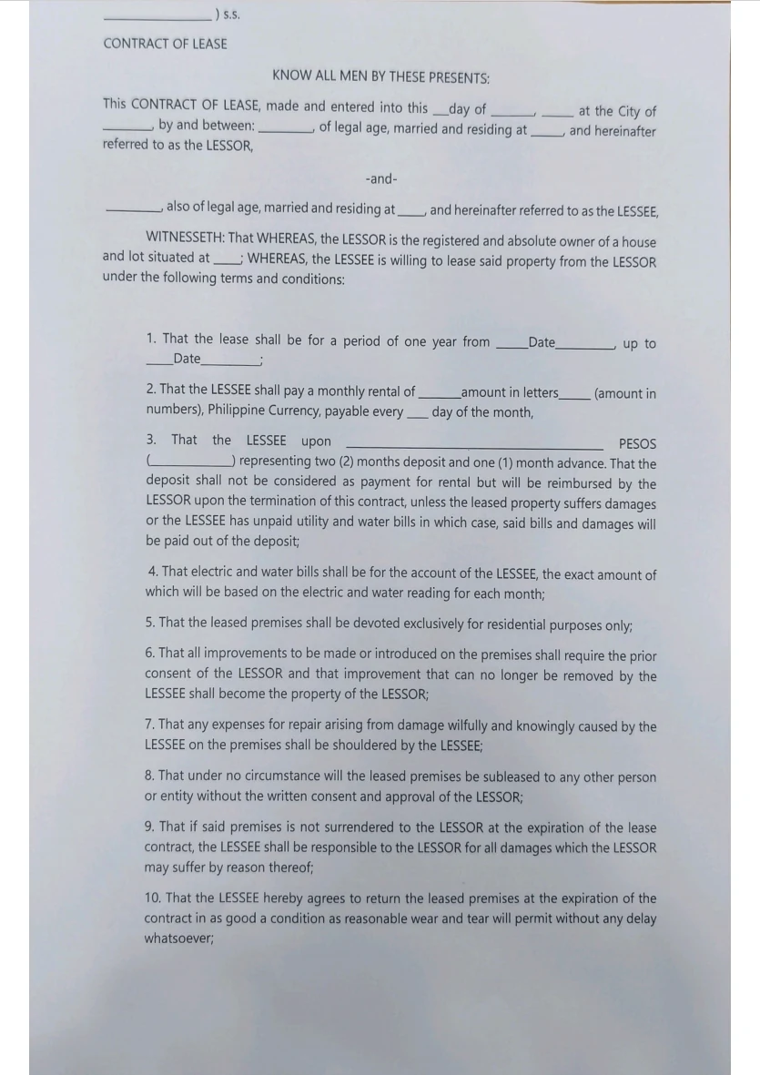 A scanned signed lease contract — a grey-cast page image of a printed agreement, the kind of PDF whose text cannot be selected