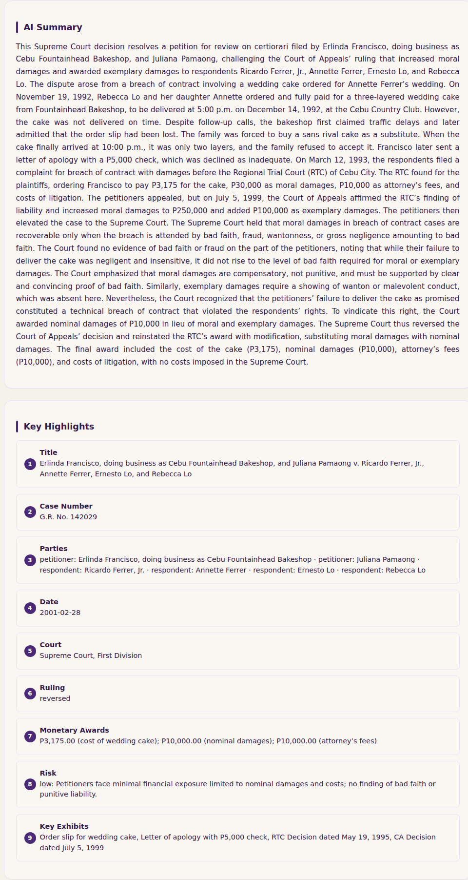 Summary tab with a plain-language AI Summary and a structured Key Highlights list